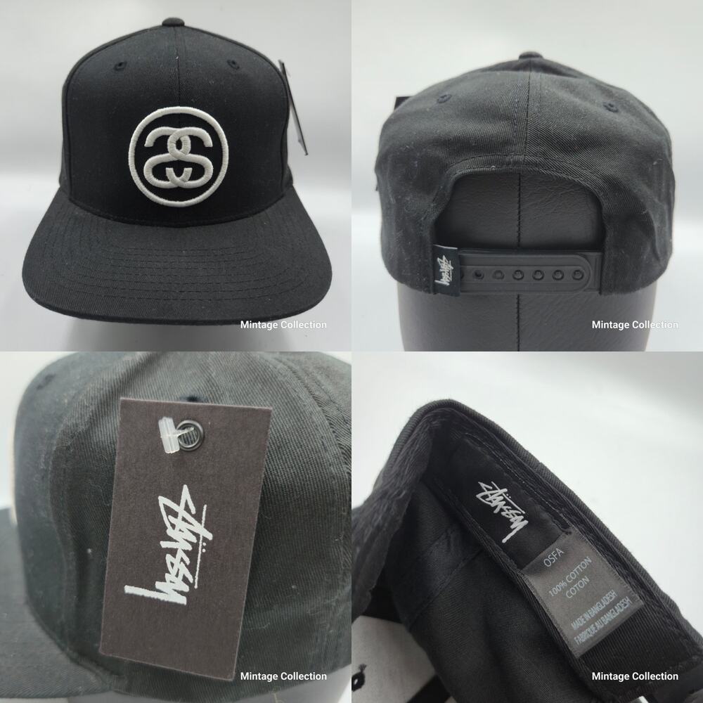 New Stussy Embroidered Double SS Link Black Snapback Hat